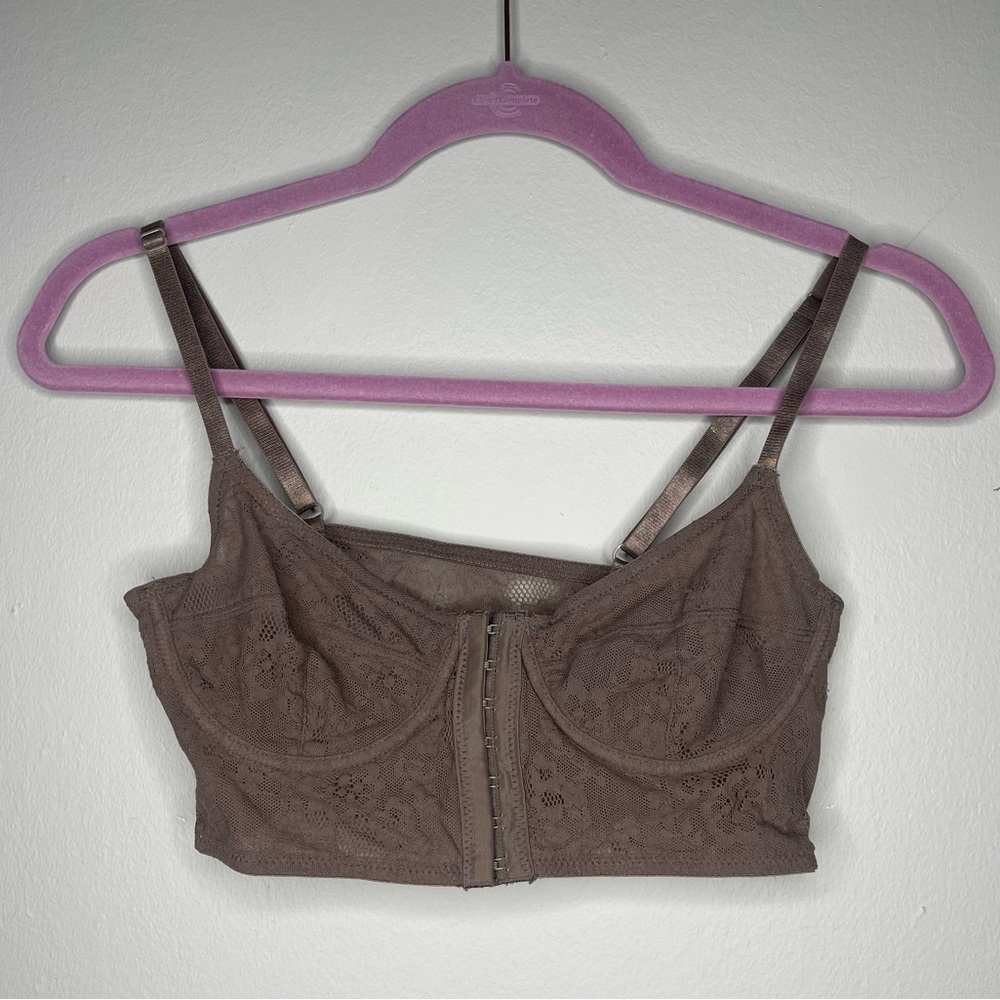 Free People Nude Lace Floral Front Hook Longline Bra Small